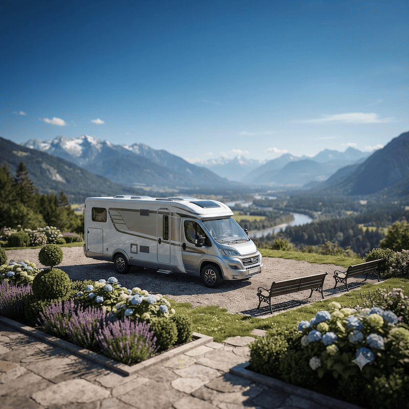 Reisemobil auf einem naturnahen Stellplatz in ländlicher Umgebung