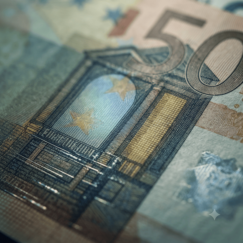 Euro Geldnote in extremer Nahaufnahme mit sichtbarer Detailstruktur