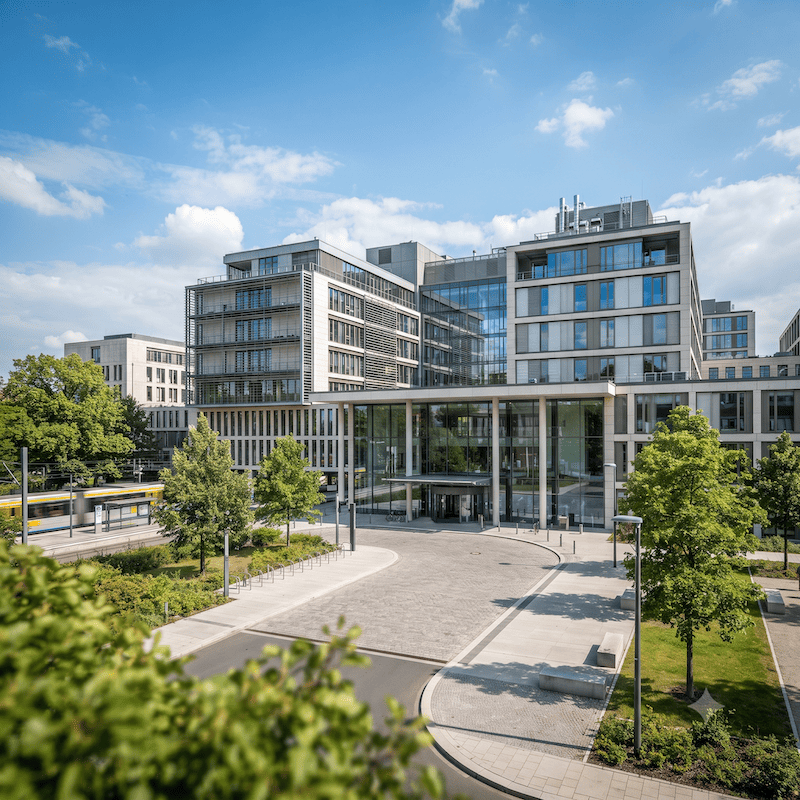 Modernes Krankenhaus von außen mit zeitgenössischer Architektur