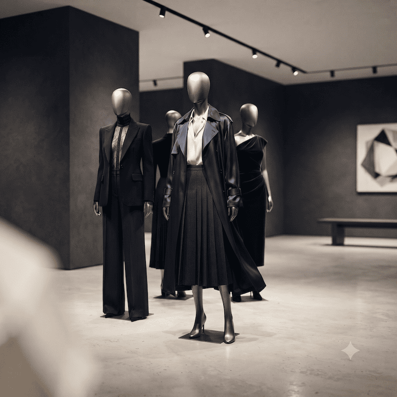 Eleganter Modeshowroom mit Mannequins in hochwertiger Kleidung
