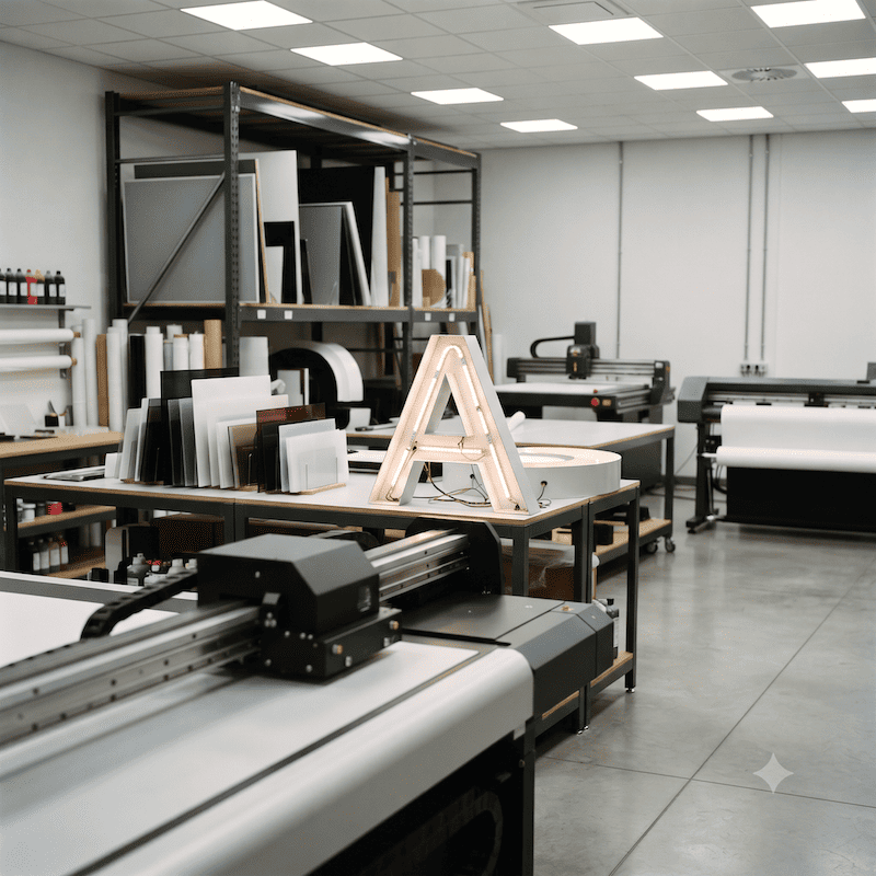 Großformatige Werbetechnik in einer professionellen Produktionshalle