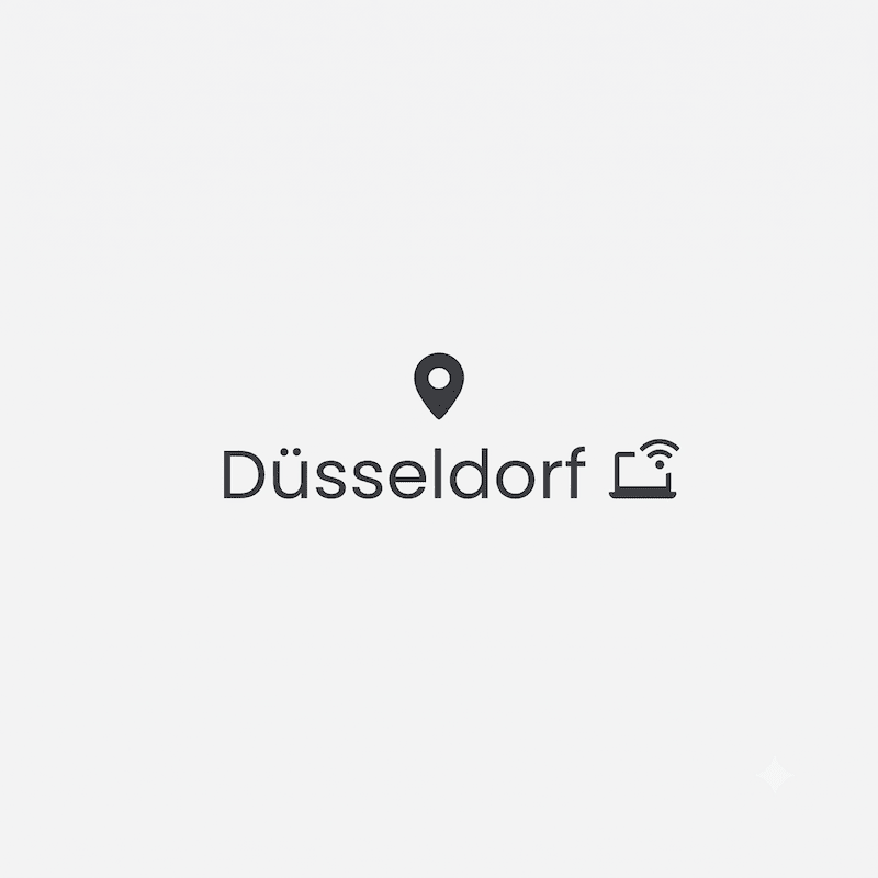 Minimalistischer Standortpin mit Remote-Symbol und Düsseldorf Schriftzug auf hellgrauem Hintergrund