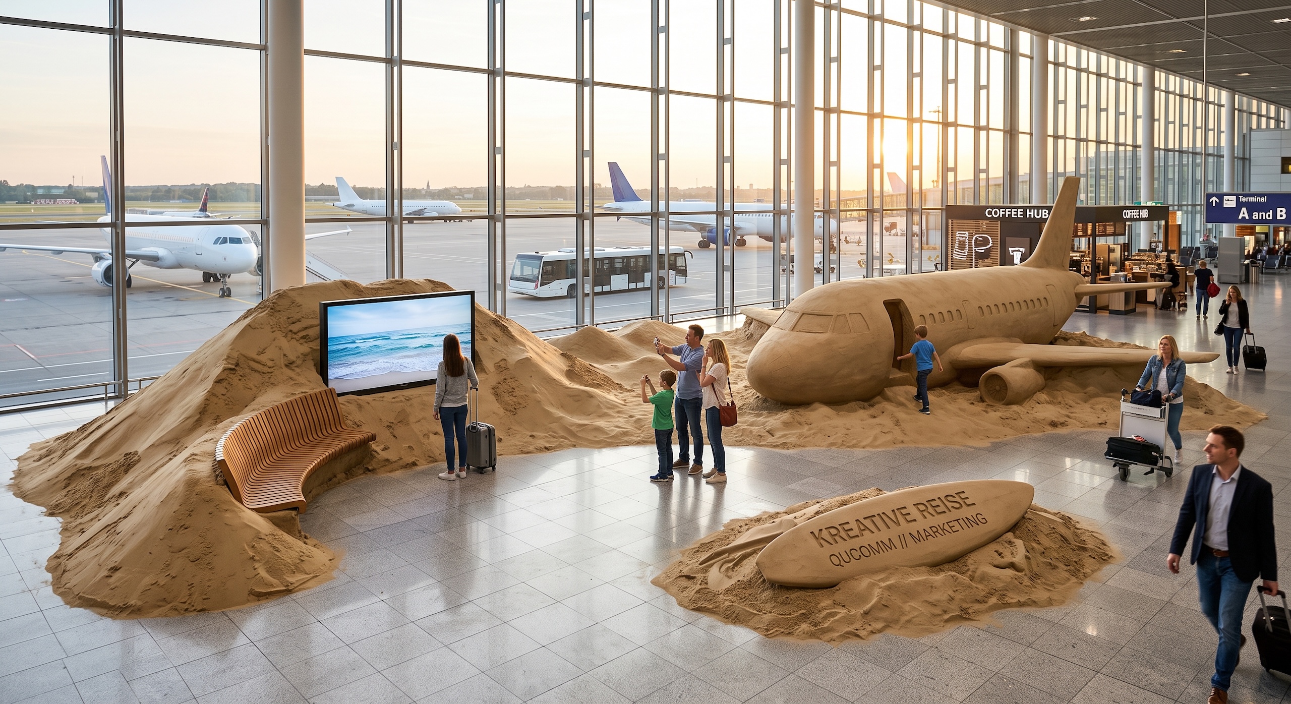 Beispiel für Ambient Marketing: Sandskulptur eines Flugzeugs in einem Flughafenterminal, Reisende fotografieren die Installation