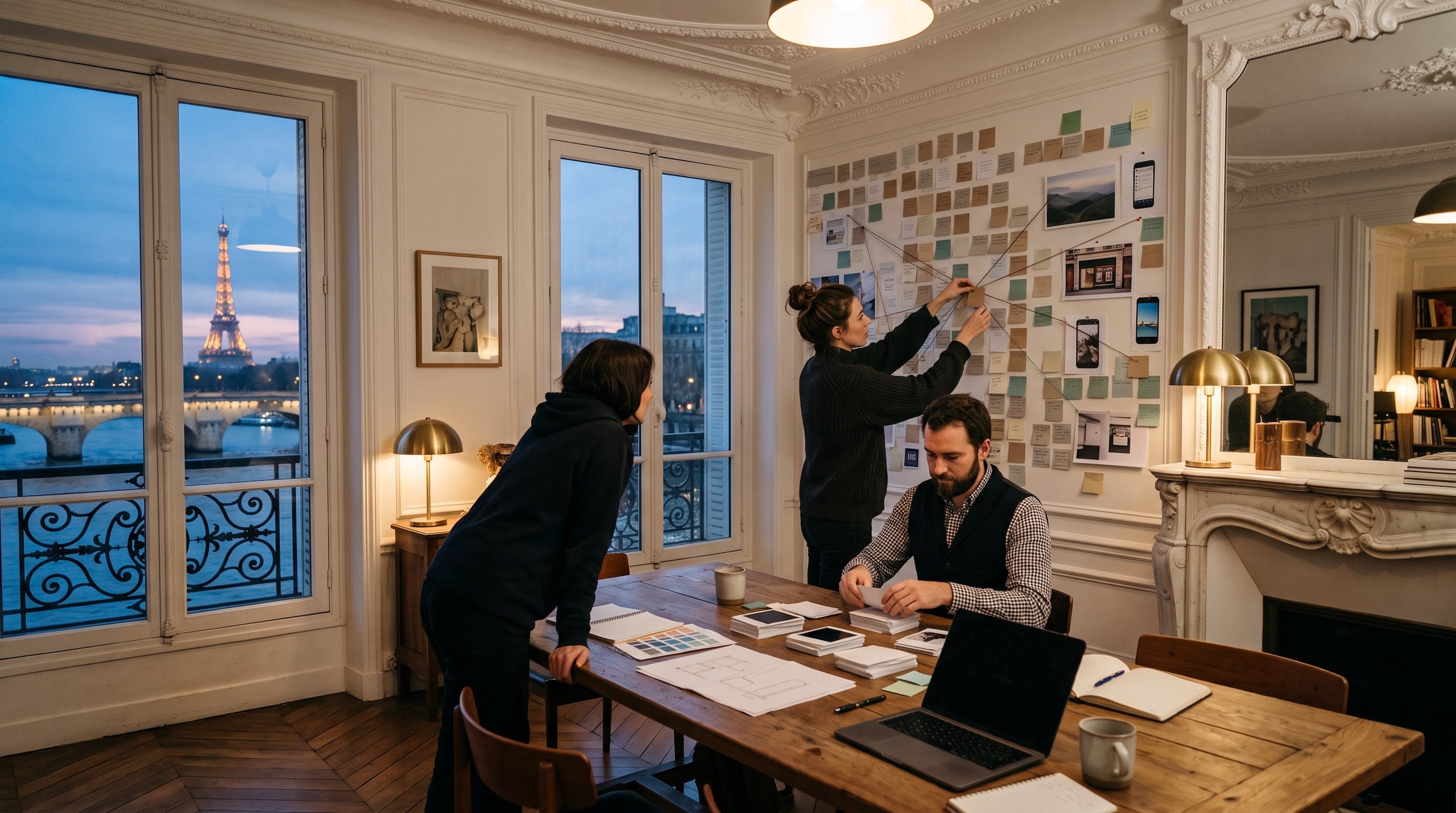 Drei Personen arbeiten in einem Pariser Altbaubüro an einer Wand voller Karten und Verbindungsfäden, durch das Fenster sind Seine und Eiffelturm zu sehen