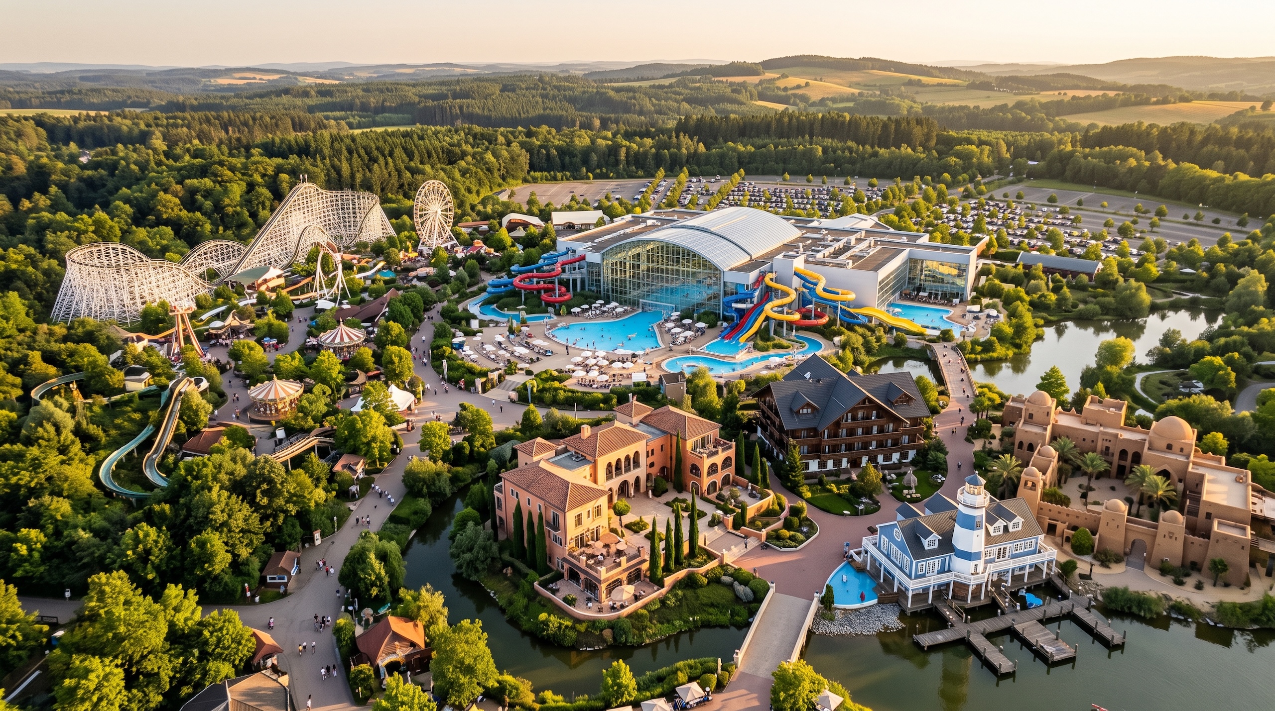 Freizeitpark Resort aus der Luft mit Freizeitpark, Wasserwelt und vier thematisierten Hotels als Beispiel für Wachstumsstrategien in der Produktpolitik