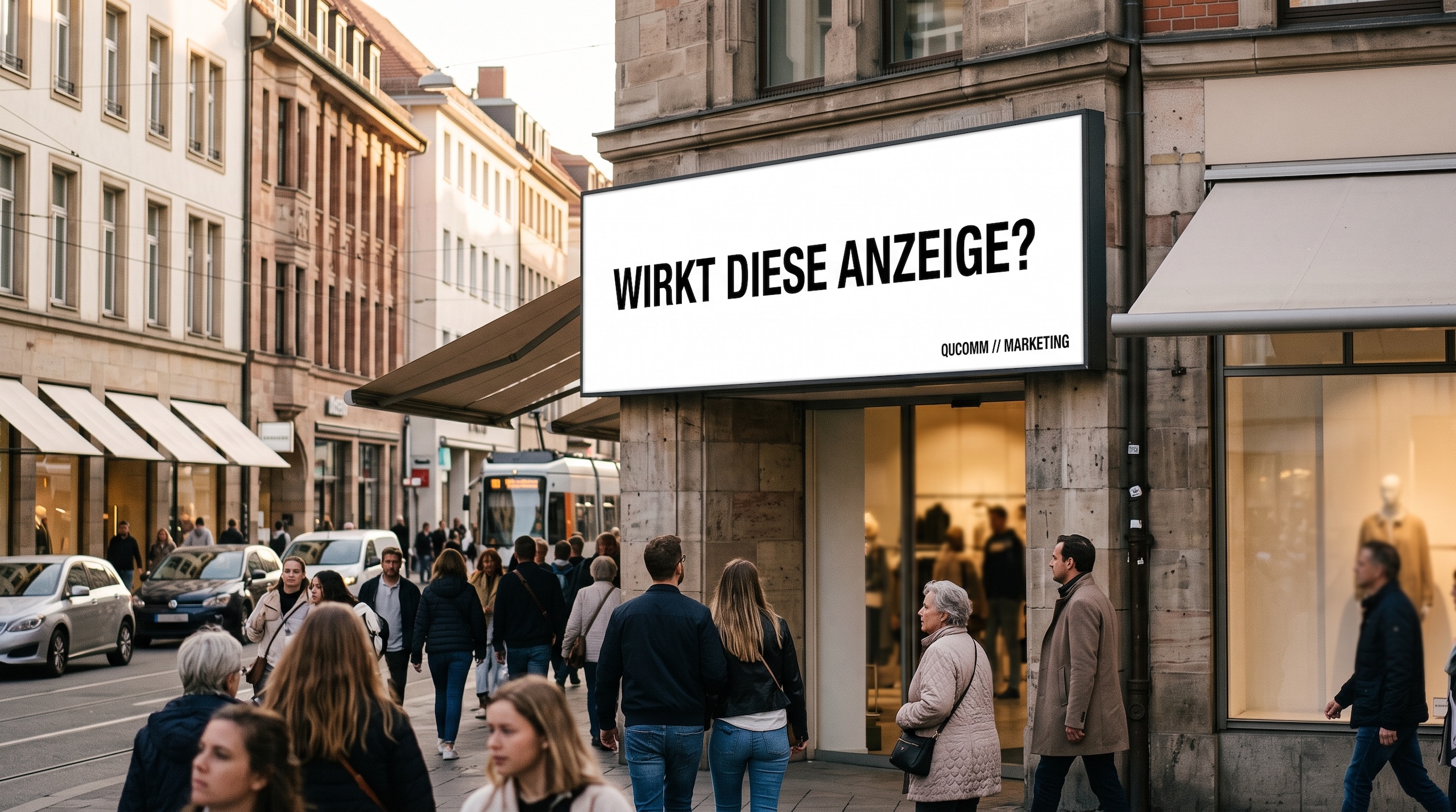 Beispiel für Werbewirkung: Plakatwand in einer Fußgängerzone mit der Frage „Wirkt diese Anzeige?", Passanten gehen daran vorbei