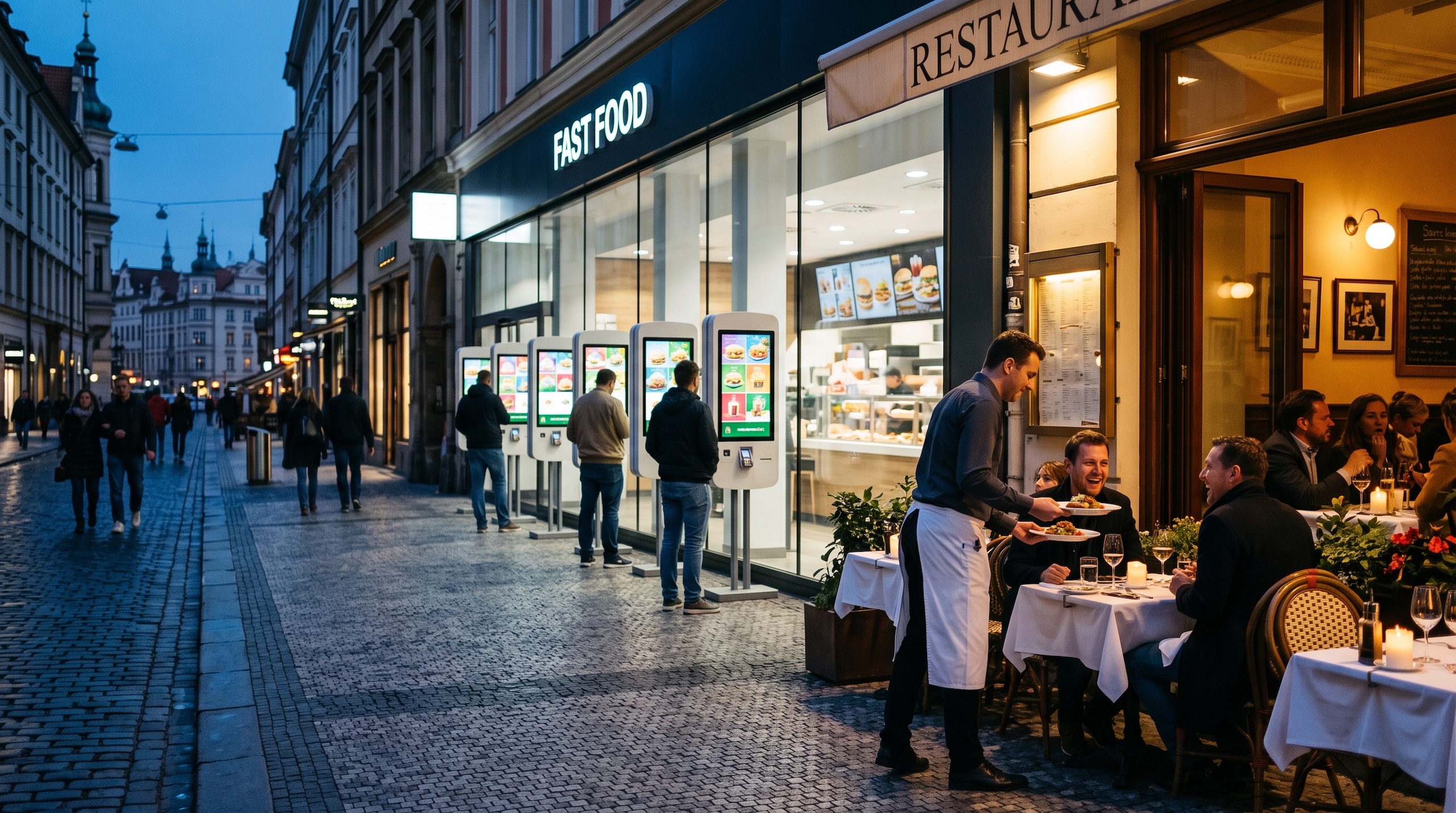 Straßenszene am Abend mit einem Schnellrestaurant, in dem Gäste an Bestellterminals stehen, und daneben einem Restaurant mit Terrasse, auf der ein Kellner Teller serviert