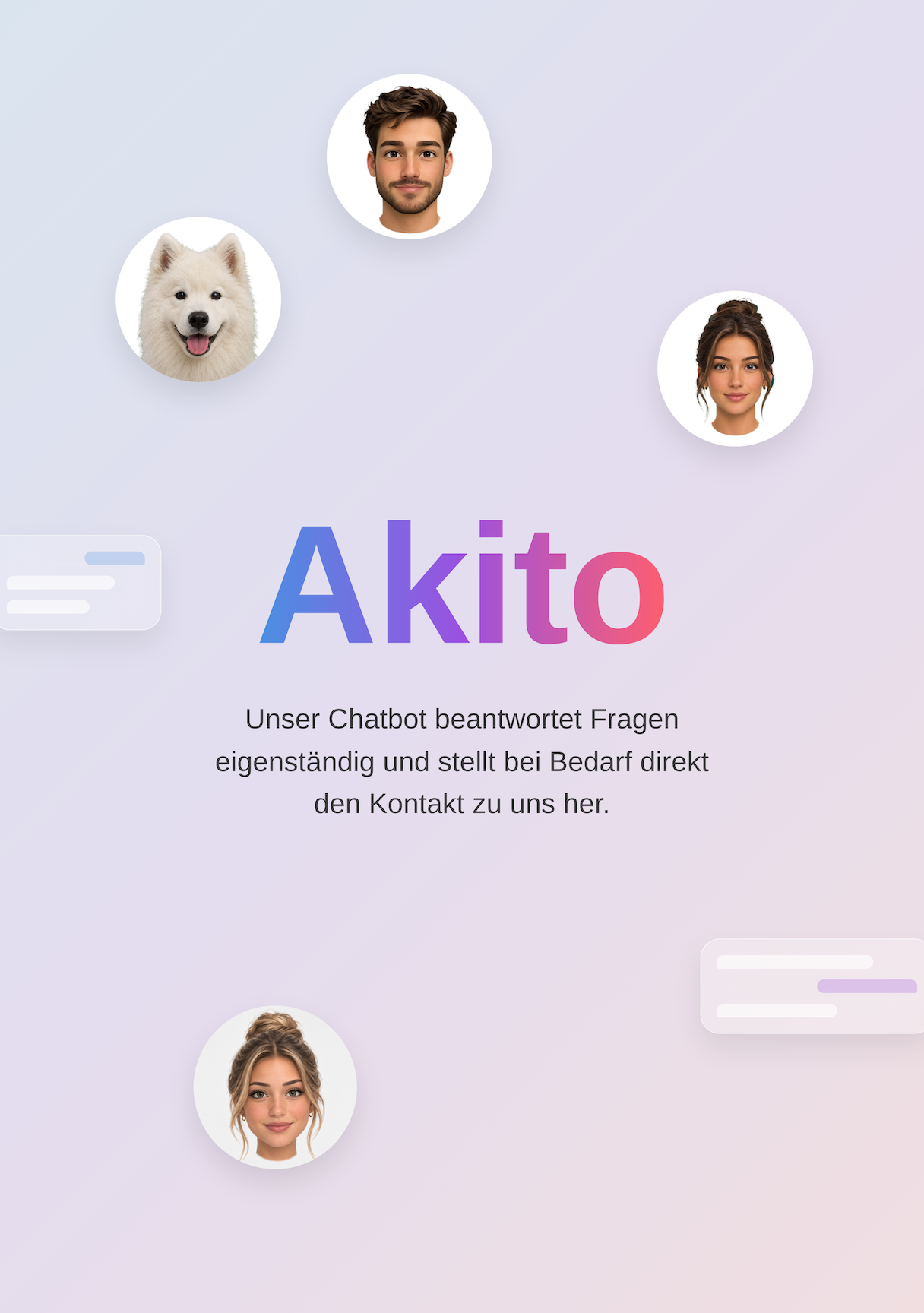 Akito, der KI-Chatbot von QUCOMM // MARKETING, im Hochformat mit Avataren und Chatfenstern