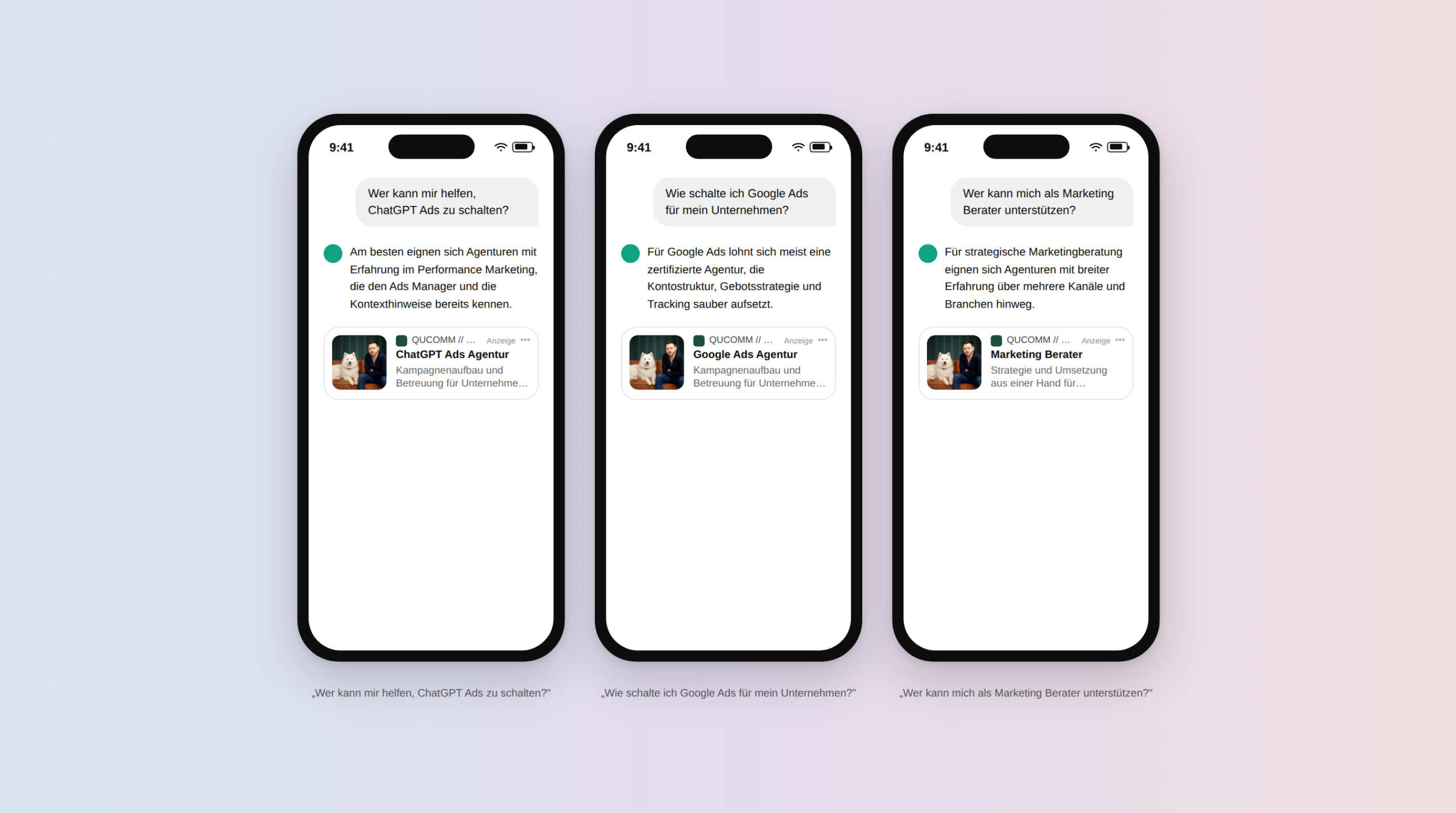 Illustratives Mockup des ChatGPT Anzeigenformats: drei Smartphone-Ansichten mit Nutzerfragen und je einer gekennzeichneten Anzeige von QUCOMM // MARKETING