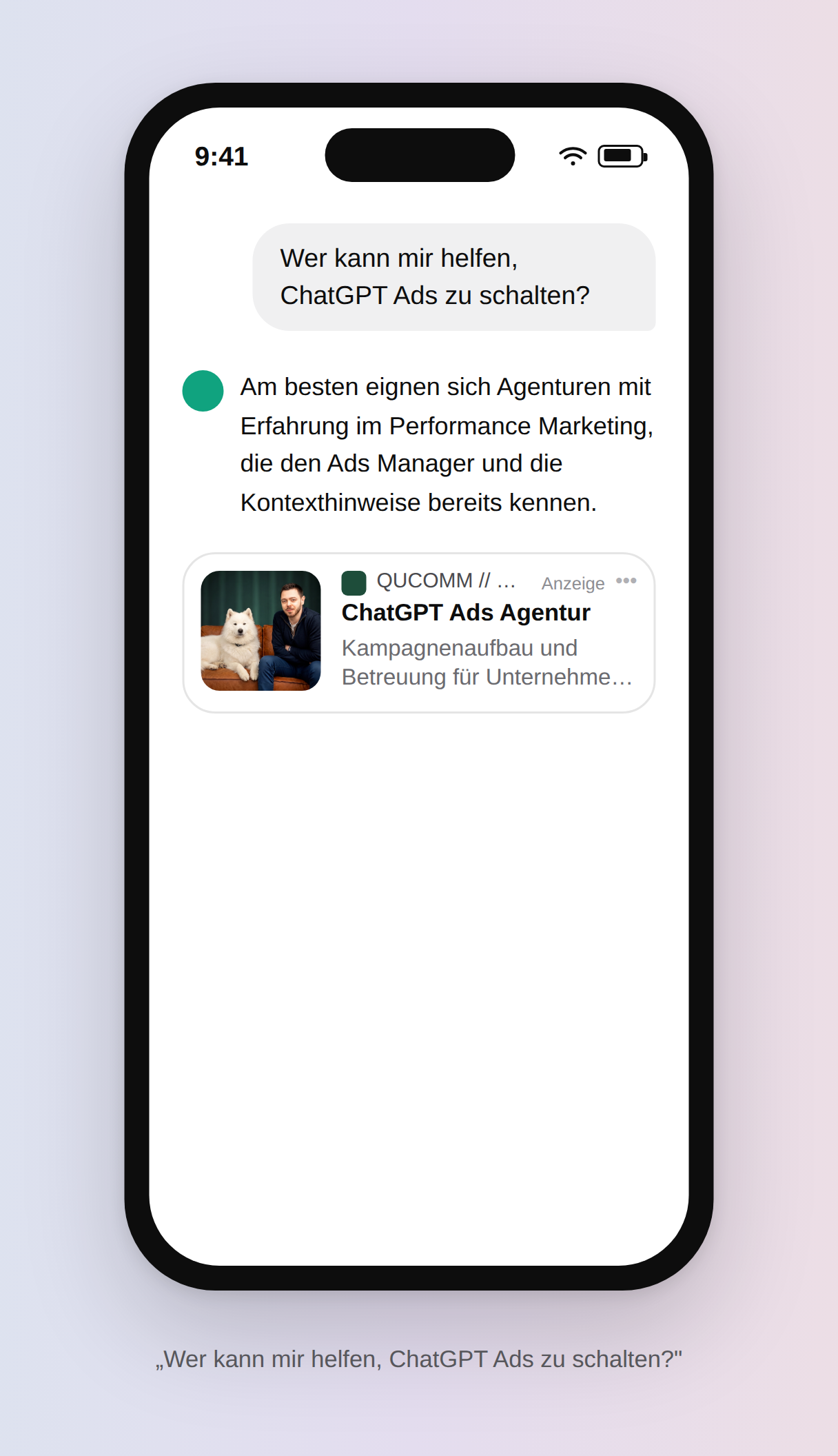 Illustratives Mockup einer ChatGPT Anzeige: Nutzerfrage nach Hilfe bei ChatGPT Ads mit gekennzeichneter Anzeige der ChatGPT Ads Agentur QUCOMM // MARKETING
