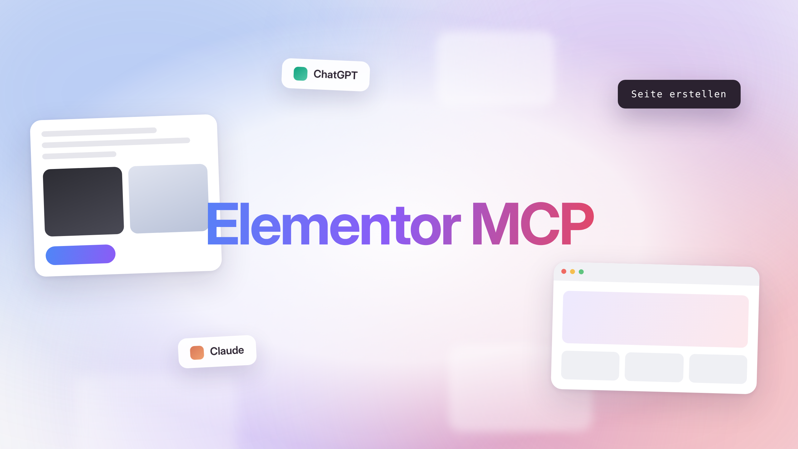Titelbild zum Beitrag über Elementor MCP mit dem Schriftzug Elementor MCP, Labels für ChatGPT und Claude sowie angedeuteten Seitenlayouts