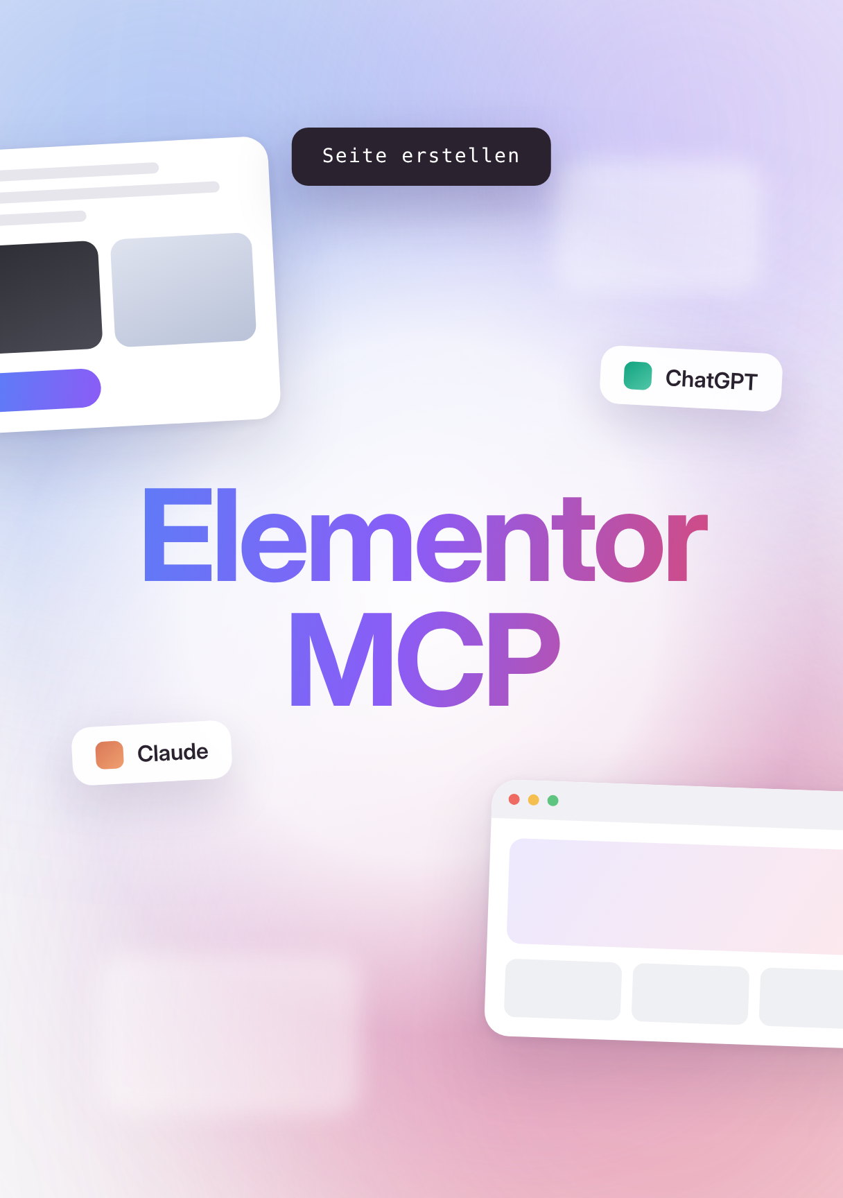 Titelbild im Hochformat zum Beitrag über Elementor MCP mit dem Schriftzug Elementor MCP, Labels für ChatGPT und Claude sowie angedeuteten Seitenlayouts