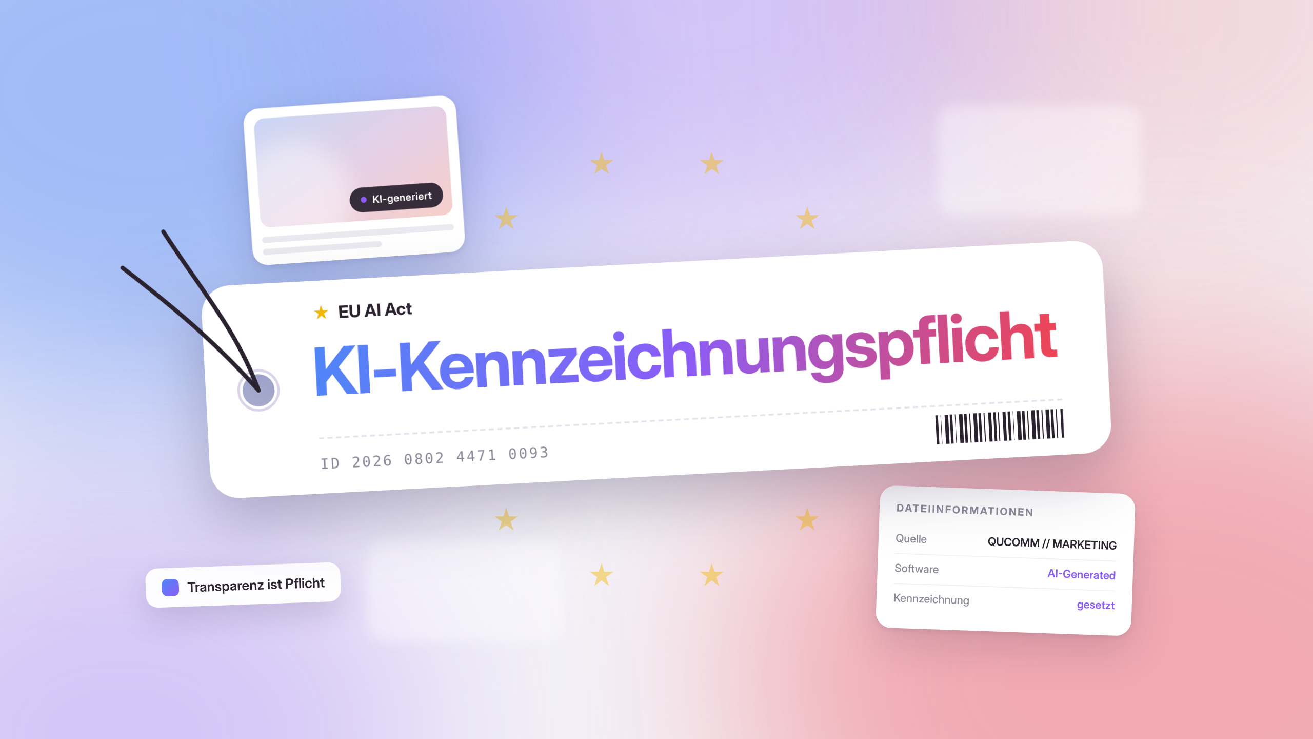 Titelbild zum Beitrag über die KI-Kennzeichnungspflicht mit einem Anhänger mit der Aufschrift EU AI Act und KI-Kennzeichnungspflicht sowie einer Karte mit Dateiinformationen