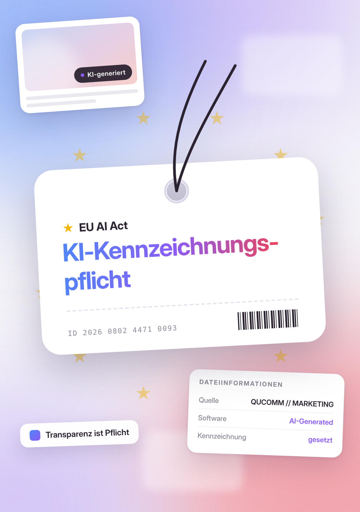 Titelbild im Hochformat zum Beitrag über die KI-Kennzeichnungspflicht mit einem Anhänger mit der Aufschrift EU AI Act und KI-Kennzeichnungspflicht sowie einer Karte mit Dateiinformationen