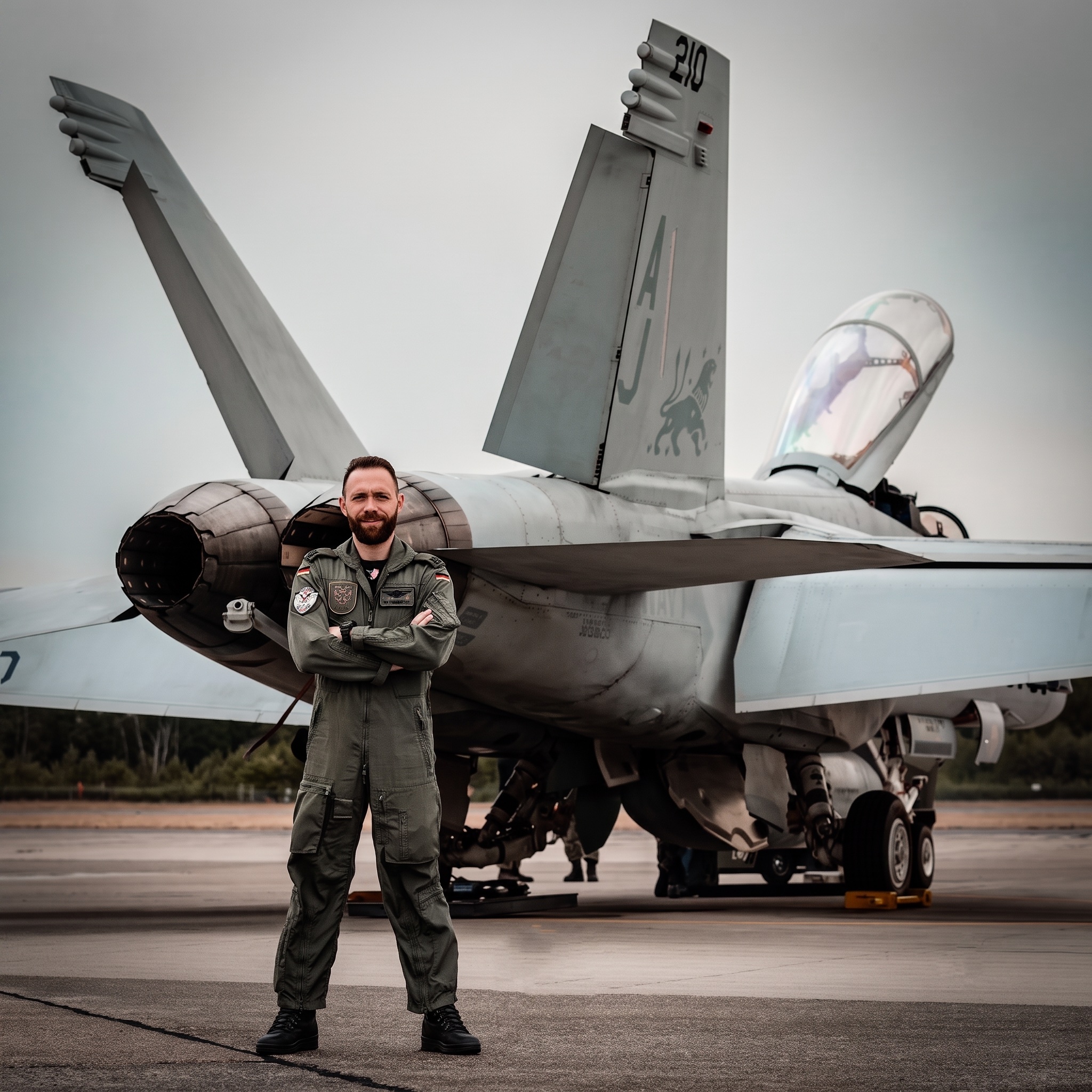 Gerald Groß, Eurofighter Pilot der Bundeswehr und Gründer von Twin G Thrust, im Fliegeranzug vor einem Kampfjet auf dem Rollfeld